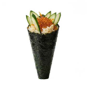 Salmon roe temaki sushi cone with cucumber slices isolated on a transparent background for professional food marketing visuals