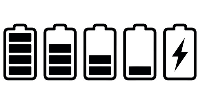 Set of black and white battery level icons with charging symbol indicating power capacity status.