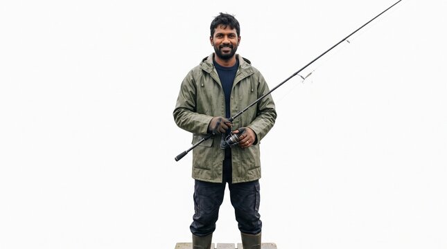 Smiling man holding a fishing rod and reel wearing a green jacket and gloves ready for outdoor activity PNG Isolated on transparent background