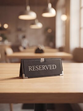 Close-up of a dark leather reserved table sign on a wooden table in an empty cozy cafe restaurant