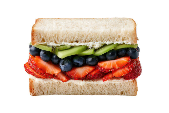 Delicious gourmet fruit sandwich with strawberries, blueberries, cucumber, and cream on white bread