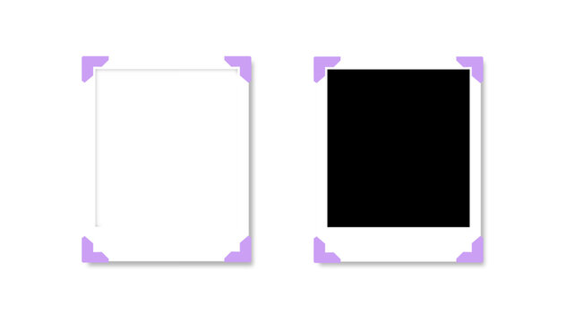 Set of two square photo frames with purple corner mounts, one blank white and one with a black center, vector illustration