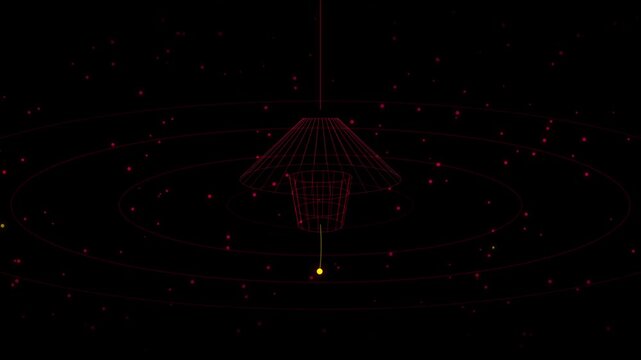 Abstract Glowing Red Wireframe Conical Structure Spinning with Floating Particles in Dark Space