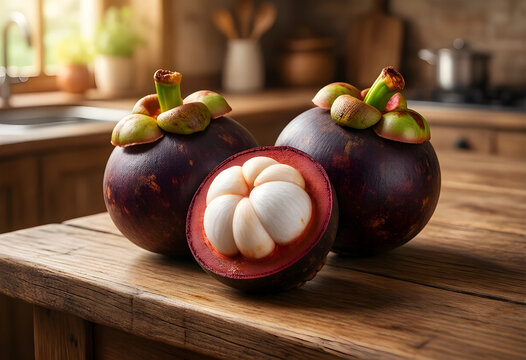 Healthy nutrition and exotic fruit diet, fresh mangosteen with purple rind and white segments on a rustic wooden kitchen table for culinary lifestyle