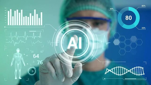Doctor touching futuristic AI interface screen in medical laboratory