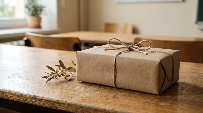 A brown paper gift box tied with twine sits on a rustic wooden desk in a classroom with a small green sprig