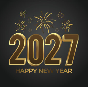 3D Gold 2027 Happy New Year Celebration Design with Fireworks