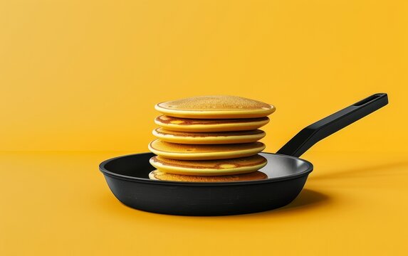 A neat arrangement of freshly made pancakes in a cast iron pan, displayed on a yellow surface that echoes the warmth of a home-cooked breakfast.