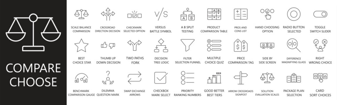 Compare and choose line icon set. Featuring scale balance, pros and cons, decision tree, a b split testing, and price comparison. Editable vector glyphs for strategic planning and market analysis.