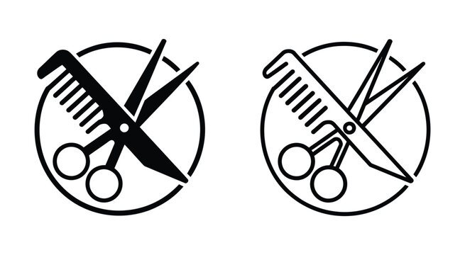 black and white barber scissors comb icon collection, circular frame symbols for hairstyling salon grooming and professional barber tools