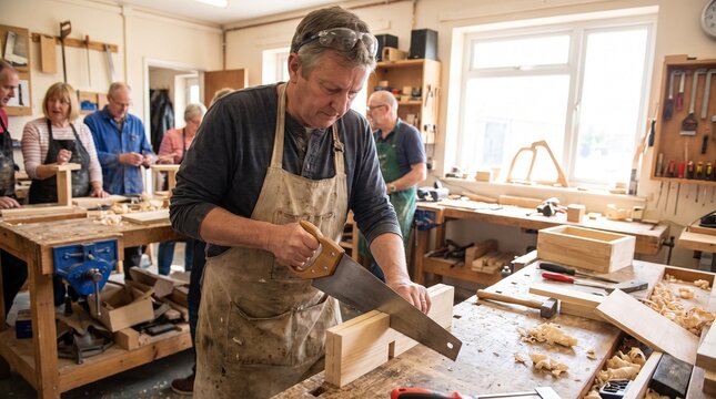 Working parent practices carpentry in weekend course