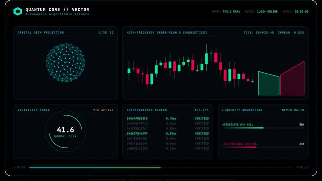 Digital financial dashboard with candlestick charts and data metrics