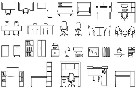 Office Furniture CAD Blocks Top View Front Elevation Technical Vector Set