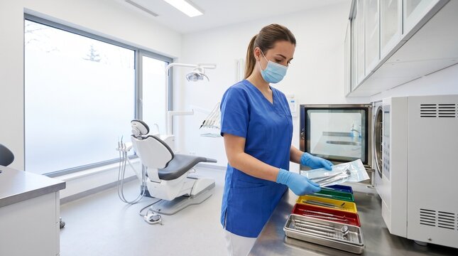 Dental assistant prepares sterilized instrument trays