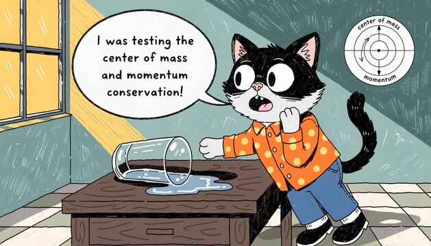 A cat explaining why knocking a glass off the table was actually a critical physics experiment.  