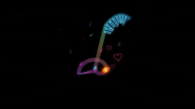 Glowing Neon Musical Note Symbol Animation with Floating Hearts on a Dark Minimalist Background