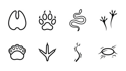 Obraz premium Set of Animal Footprints and Tracks: A collection of black and white line art illustrations depicting various animal footprints, paw prints, and tracks, including a hoof print, a dog paw.