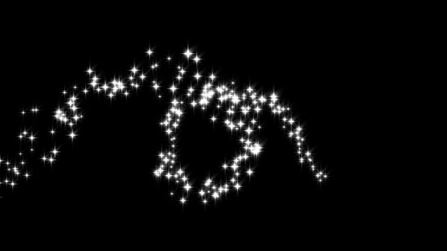 Glowing sparkle stars line animation, glitter star line animation with starry night twinkling, white glitter sparkles trail, glowing pixie dust burst on black screen background. 4k