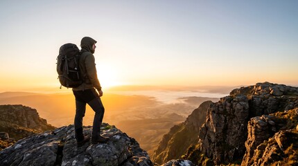 Fototapeta premium Hiker Standing on Mountain Peak at Sunrise