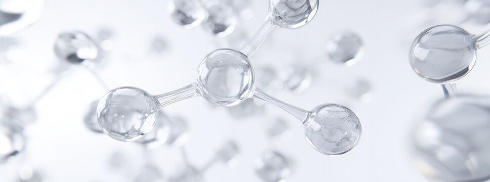 Banner Crystal clear molecule structure on white background. Molecules are connected by thin transparent threads. Laboratory, scientific background, scientific research