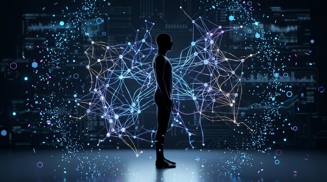 Human Silhouette Surrounded by Digital Neural Network Data Analytics and Futuristic Connections