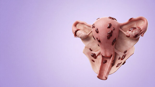 3D illustration of endometriosis on female reproductive system
