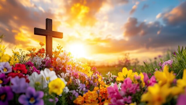 A wooden cross stands amidst a vibrant field of colorful flowers at sunset, symbolizing faith, hope, and resurrection