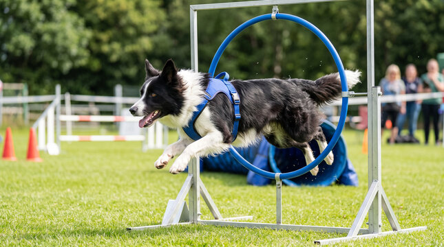 Border Collie jumping through a hoop during an agility competition  