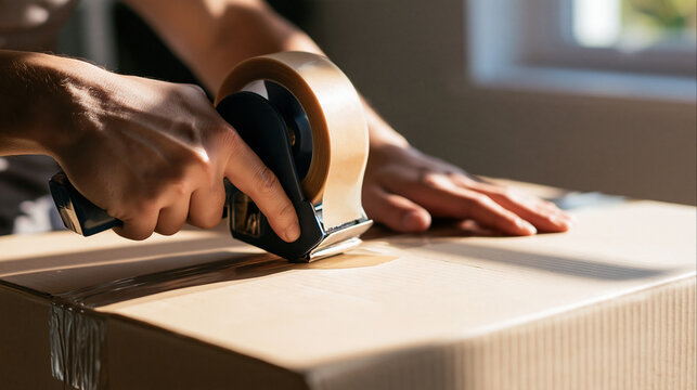 Hands Sealing a Cardboard Shipping Box with a Tape Gun
