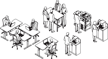 Fototapeta premium Black and white isometric vector illustration of business people working together in an office environment