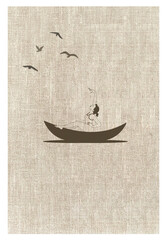 Small boat with passenger and birds on textured linen background © AB vector designer