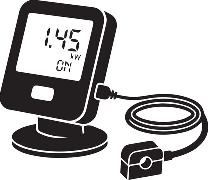 Black silhouette of a digital energy monitor displaying 1.45 kw on a checkered background.