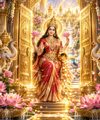 Fototapeta premium Goddess Lakshmi's Golden Abode: A radiant depiction of the Hindu goddess Lakshmi, seated amidst a lavishly ornate golden palace, holding lotus flowers and a pot of gold coins.