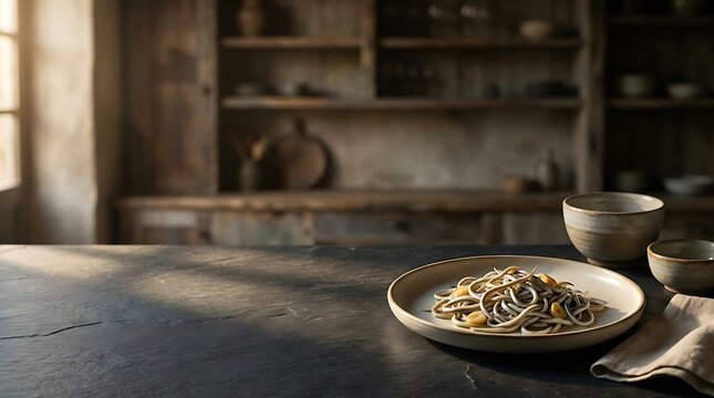 A plate of delicious angulas served with garlic on a rustic dark wooden table in a traditional kitchen