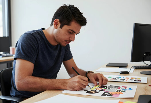 Creative design and brainstorming, graphic designer working on a mood board project with paper cutouts at a desk in a modern office workspace