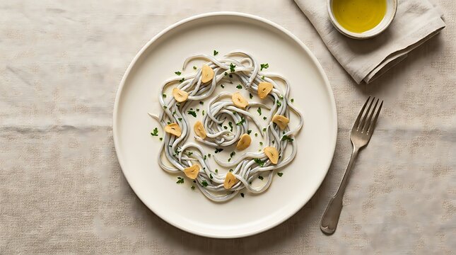 A plate of delicious Spanish angulas with garlic and olive oil served as a gourmet tapa appetizer dish