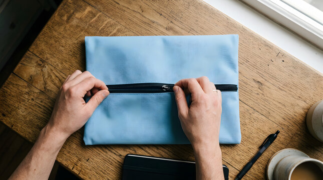 Hands Zipping Blue Fabric Sleeve On Wooden Desk | Close Up Hands Closing Zipper On Light Blue Pouch | Person Opening Light Blue Document Pouch On Desk