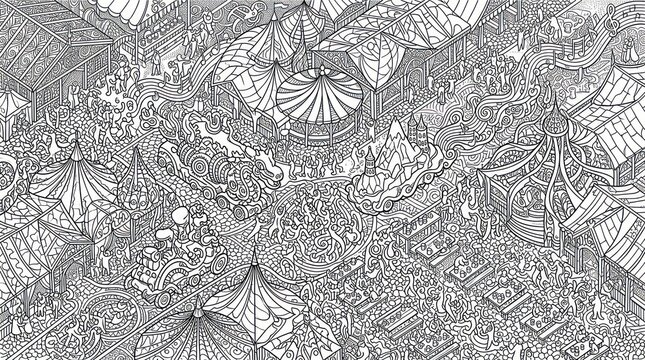 Detailed medieval fantasy festival coloring page with tents and crowd