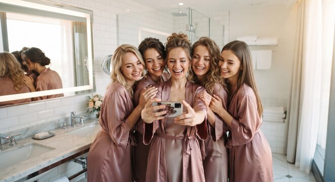Group of happy bridesmaids in matching silk robes laughing while taking a selfie with a smartphone in a bathroom.