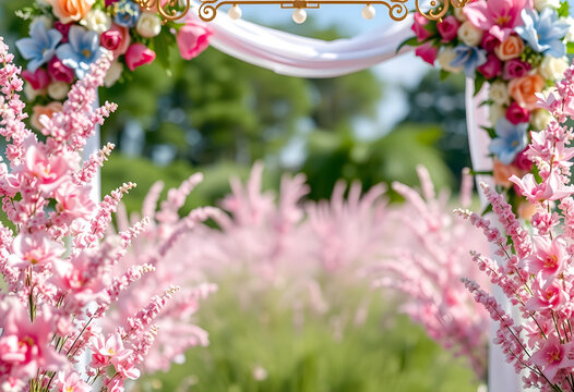 Wedding ceremony arch with pink flowers, romantic outdoor marriage celebration decor and floral background for bridal events or garden party invitations