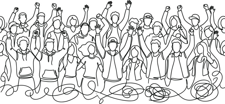 Continuous Line Art Cheering Crowd Vector Banner with hands raised celebrating community unity festival event people and success concept background