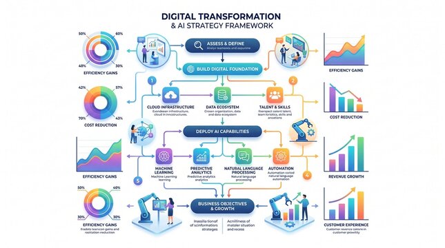 Comprehensive digital transformation framework visualizing corporate strategy planning steps including artificial intelligence implementation and automation processes to optimize overall