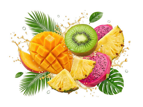Exotic tropical fruit arrangement with mango kiwi pineapple and dragon fruit with palm leaves as transparent cutout