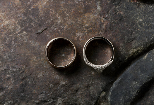 Wedding and marriage commitment gold and diamond rings on natural stone surface engagement and partnership concept luxury jewelry for anniversary celebration