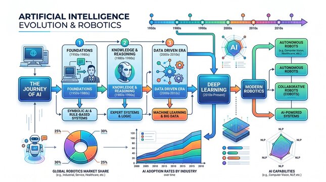 Comprehensive Infographic Visualizing The Historical Progress Of Computational Intelligence And Robotic Automation Through Analytical Charts Flowing From Early Foundations To Current Deep