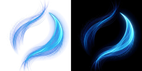 Blue curved light blade of flowing strands forming sharp crescent shape for design use in PNG, Transparent and Black Background Versions available © Guddoo