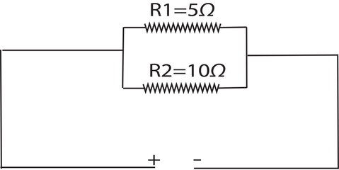 Obraz premium Parallel Resistor Circuit Diagram with R1 5 Ohm and R2 10 Ohm Electrical Components