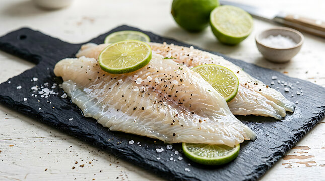 Fresh John Dory fish fillet with lime, salt, and black pepper on a black cutting board.