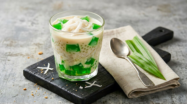 Close-up of Buko Pandan dessert with green jelly, sago pearls, and young coconut on a black cutting board against a gray background.