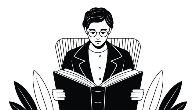 Young man wearing glasses sitting in armchair reading a book black and white linear vector illustration isolated on white